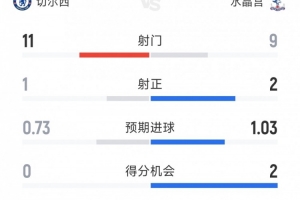 开云体育app-效率偏低，切尔西vs水晶宫半场数据：射门11-9，射正1-2